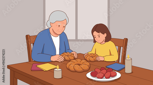 Grandmother and her young granddaughter sitting at a wooden table with braided bread, red eggs, and candles for a traditional holiday celebration, cartoon vector illustration