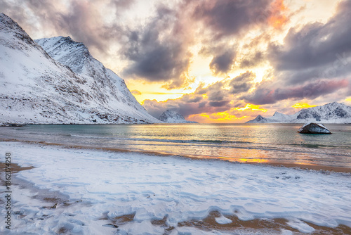 Wallpaper Mural Unbeliveble winter view of Vik beach during sunset with lots of snow  and snowy  mountain peaks near Leknes. Torontodigital.ca