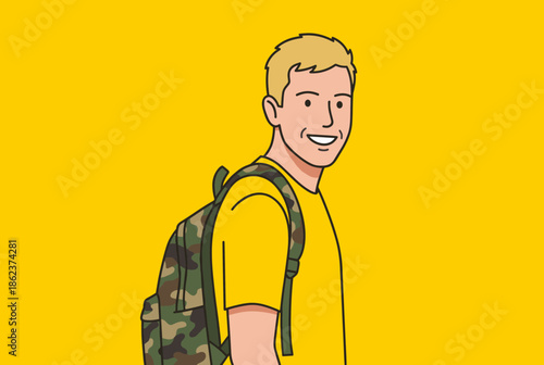 Smiling young man with blonde hair and a camouflage backpack wears a yellow t-shirt while looking at the camera on a solid yellow background with copy space