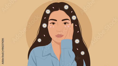 Beautiful young woman with long hair decorated with white daisies gently touches her face with a calm, serene expression in a modern flat vector illustration style
