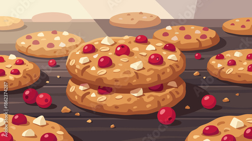 Delicious oatmeal cranberry white chocolate chip cookies stacked on a dark wooden surface in a warm, inviting light, depicted in a charming flat vector illustration style