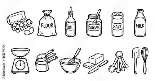 Set of hand-drawn baking ingredients and kitchen tools including flour, sugar, eggs, milk, and utensils in a black and white doodle style illustration for recipes or cooking