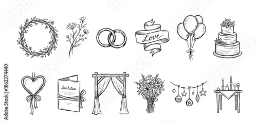 Set of hand-drawn wedding icons featuring a cake, rings, bouquet, invitation, wreath, and other celebration elements in a charming black and white doodle sketch style