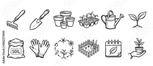 Hand drawn gardening icons set with tools like a rake, trowel, watering can, pots, soil, gloves, and seedlings for planting and growing plants in a garden