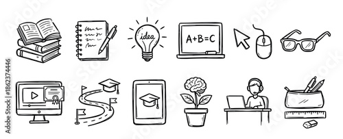 Set of hand drawn doodle icons for education, e-learning, and school subjects, including a book, lightbulb, computer, and graduation cap in a simple black and white sketch style