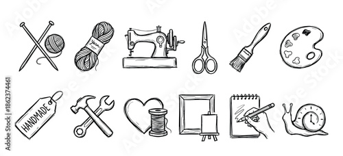 Set of black and white doodle icons for hobbies and crafts illustrates creative activities like knitting, sewing, painting, and DIY projects in a charming hand-drawn sketch style
