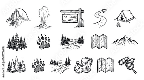 Hand-drawn outdoor adventure and camping icons set featuring mountains, geysers, tents, maps, and hiking equipment in a black and white sketch doodle illustration style