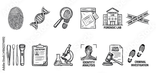 Collection of hand-drawn forensic science icons featuring a fingerprint, DNA helix, microscope, evidence bag, and other criminal investigation elements in a black and white sketch style
