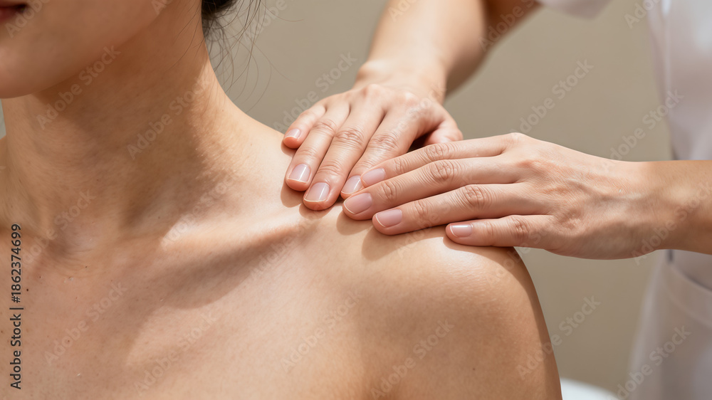 custom made wallpaper toronto digitalClose-up shot of a therapist performing a gentle shoulder massage on a client, focusing on hands applying pressure to the shoulder and upper chest area. The scene conveys relaxation and wellness. 