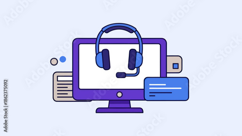 Customer service headset on computer monitor, online support, business communication concept
