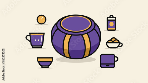 Purple and Gold Ceramic Tea Set Collection with Round Container, Cups, and Bowls