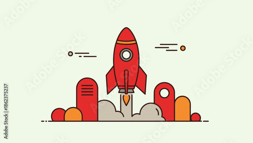 Red Rocket Launching, Space Travel Concept, Flat Design