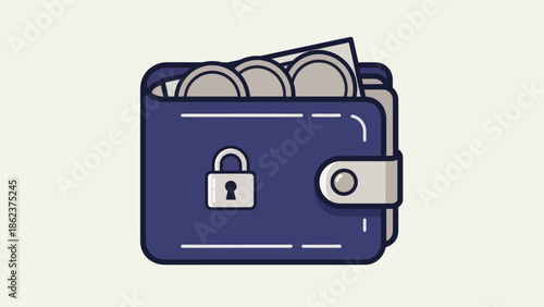 Secure wallet with coins and money, locked with a padlock icon, illustration