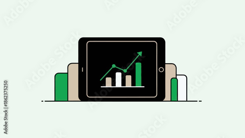 Tablet displaying financial growth chart with books, business analytics concept