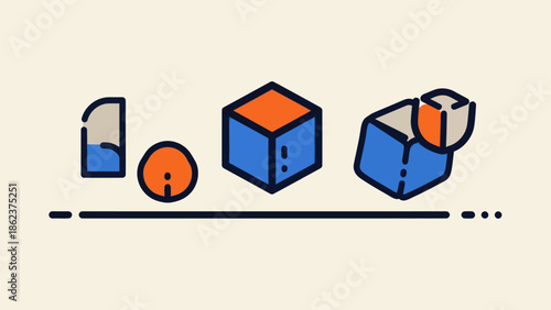 Geometric Shapes: Cube, Sphere, Cylinder, Abstract Icons