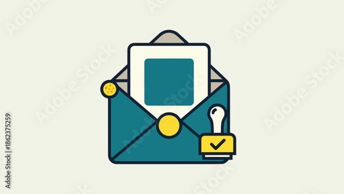 Open Envelope with Document and Stamp Icon, Communication Concept, Flat Design