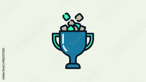 Trophy with overflowing rewards, success concept, flat icon design