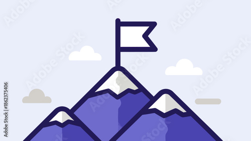 Mountain peak with flag, symbolizing success, achievement, and reaching goals.