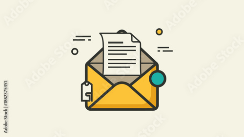 Open envelope with document, email icon, communication, message, delivery, vector illustration