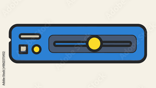 Blue audio slider control panel with yellow knob and buttons