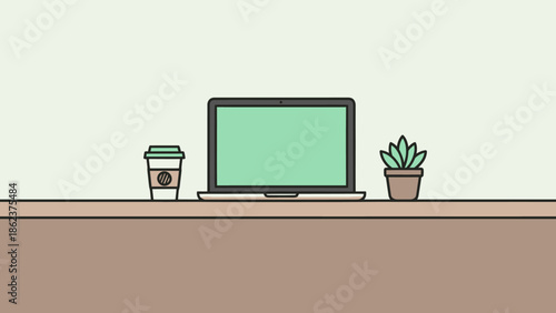 Minimalist desk setup with laptop, coffee cup, and potted plant.