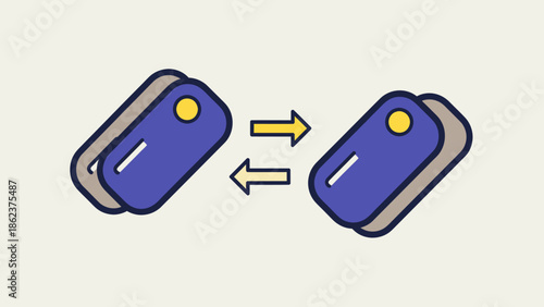 Two blue tags with arrows showing exchange or transfer concept.