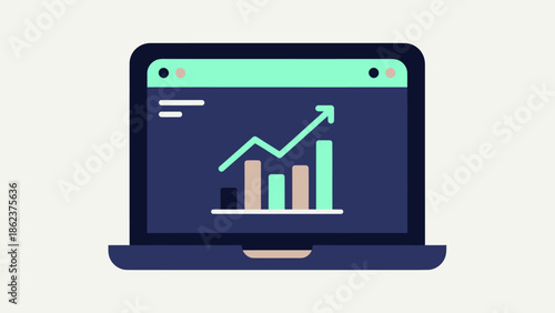 Laptop displaying a rising stock market graph and bar chart, digital business analytics.