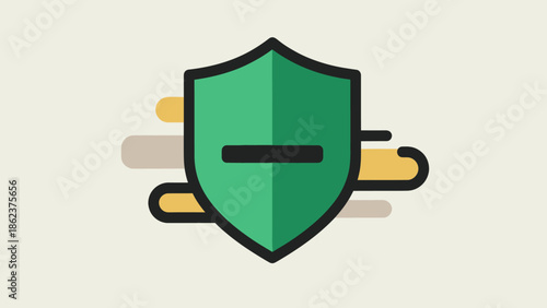 Green Shield Icon with Minus Symbol and Abstract Shapes
