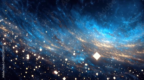 ビッグデータや宇宙の広がりを表現する、金色と青色の光の粒子が暗い空間で波動のように広がる抽象的な3Dレンダリング映像