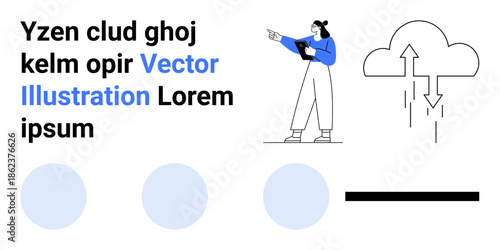 Woman pointing at text and graphics, cloud with arrows, three circular elements. Ideal for education, technology, data sharing, cloud computing, presentations, teamwork simple landing page