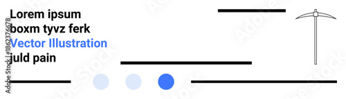 Pickaxe icon alongside abstract horizontal lines, stylized text, and geometric circles in a clean layout. Ideal for technology, mining themes, abstract design, minimalism, creative projects