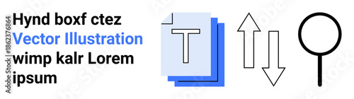 Digital design, data organization, search processes, navigation tools, hierarchy, content management. Overlapping text layers, arrows magnifying glass icon. Data organization and search processes