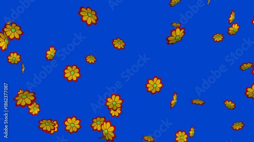 Colorful Flowers Falling Animation Blue Background, Flower Petals Floating Downward Smoothly, Spring Mood Concept And Simple Blue Screen Visual Element