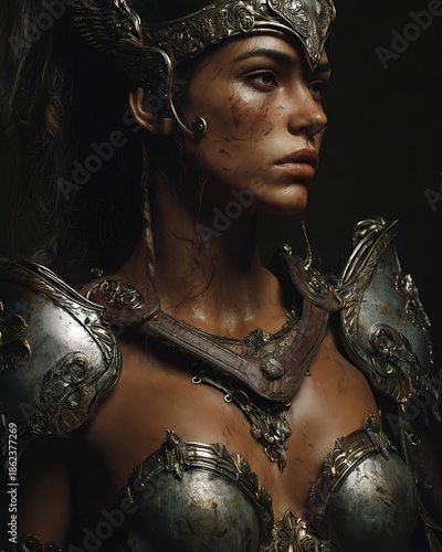 A digital portrait of a beautiful female fantasy empress, knight warrior, and a super dark epic.