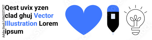 Healthcare, innovation, medical tools, creativity, diagnostic processes, problem-solving. A heart, dropper and lightbulb in blue and black. Healthcare and innovation conceptual symbols