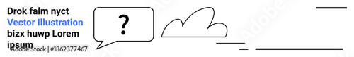 Communication, inquiry, brainstorming, dialogue, creative discussions, problem-solving. A question mark inside a speech bubble alongside minimalist cloud and text elements. Communication