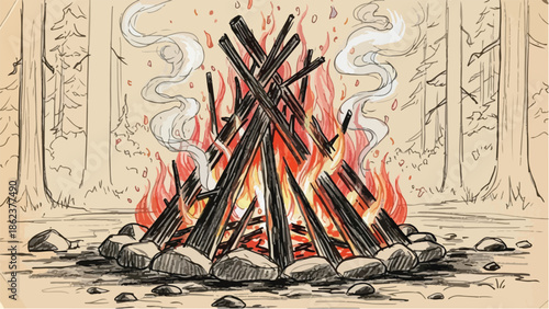 Detailed charcoal sketch of a wood campfire in forest