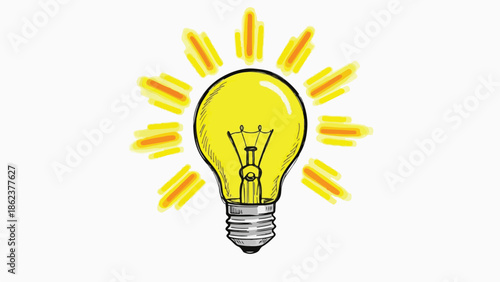 Bright glowing yellow light bulb idea icon