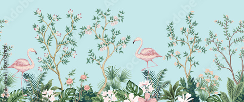 Pink flamingo, floral tree, palm leaves, rose flower seamless border. Jungle landscape mural.
