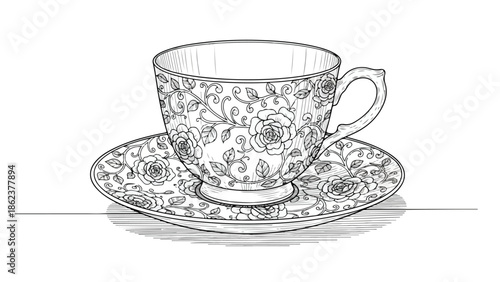 Elegant vintage tea cup with detailed floral decoration