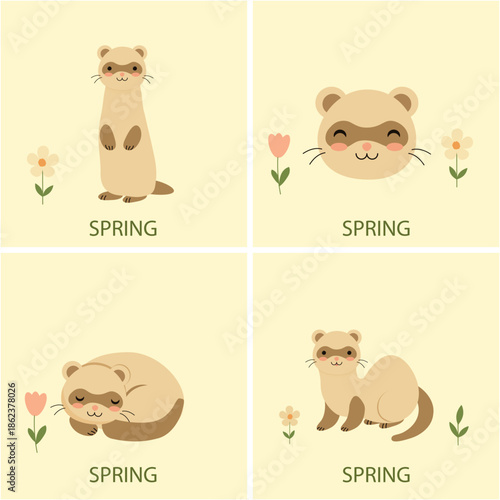 Postcards with cute animals. Spring and the ferret.
