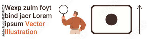 Research, analysis, focus, exploration, design, concepts. Person holding magnifying glass with abstract shapes and upward arrow. Research and analysis concepts visually
