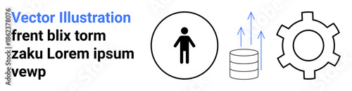 Person figure, arrows moving upward from a database, setting gear symbol. Ideal for progress, business strategy, technology process, teamwork, system development, digital transformation simple