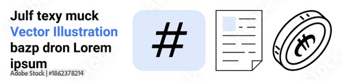 metadata tag in blue square, outlined document, and circular coin with currency. Ideal for social media, content creation, online exchange, trending topics, business growth, financial concepts