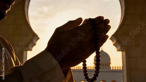 Spiritual Prayer with Tasbih at Mosque During Golden Hour