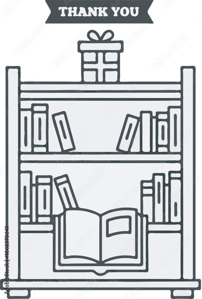 Obraz premium A gift is placed on top of a bookshelf filled with books and an open book.