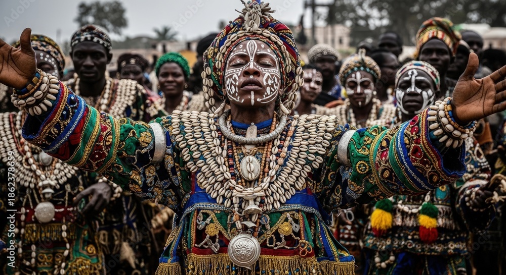 Fototapeta premium Beninese participant performing spiritual rite at annual Vodoun festival. Traditional vibrant attire, symbolic face paint, and ritual gestures honor ancient customs.