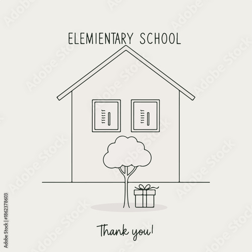A simple line drawing of an elementary school building with a tree and a gift