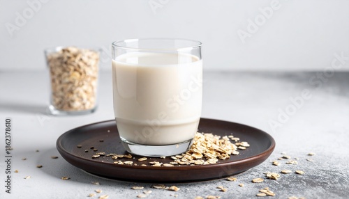 Glass of creamy oat milk on a plate with oats, beside a jar of oats