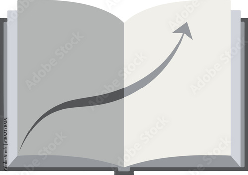 An open book with a gray arrow rising from the bottom left to the top right page